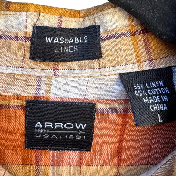 Arrow Mens Orange Plaid Linen Cotton Short Sleeve Button-Up Short Sleeve Shirt L - Picture 2 of 9